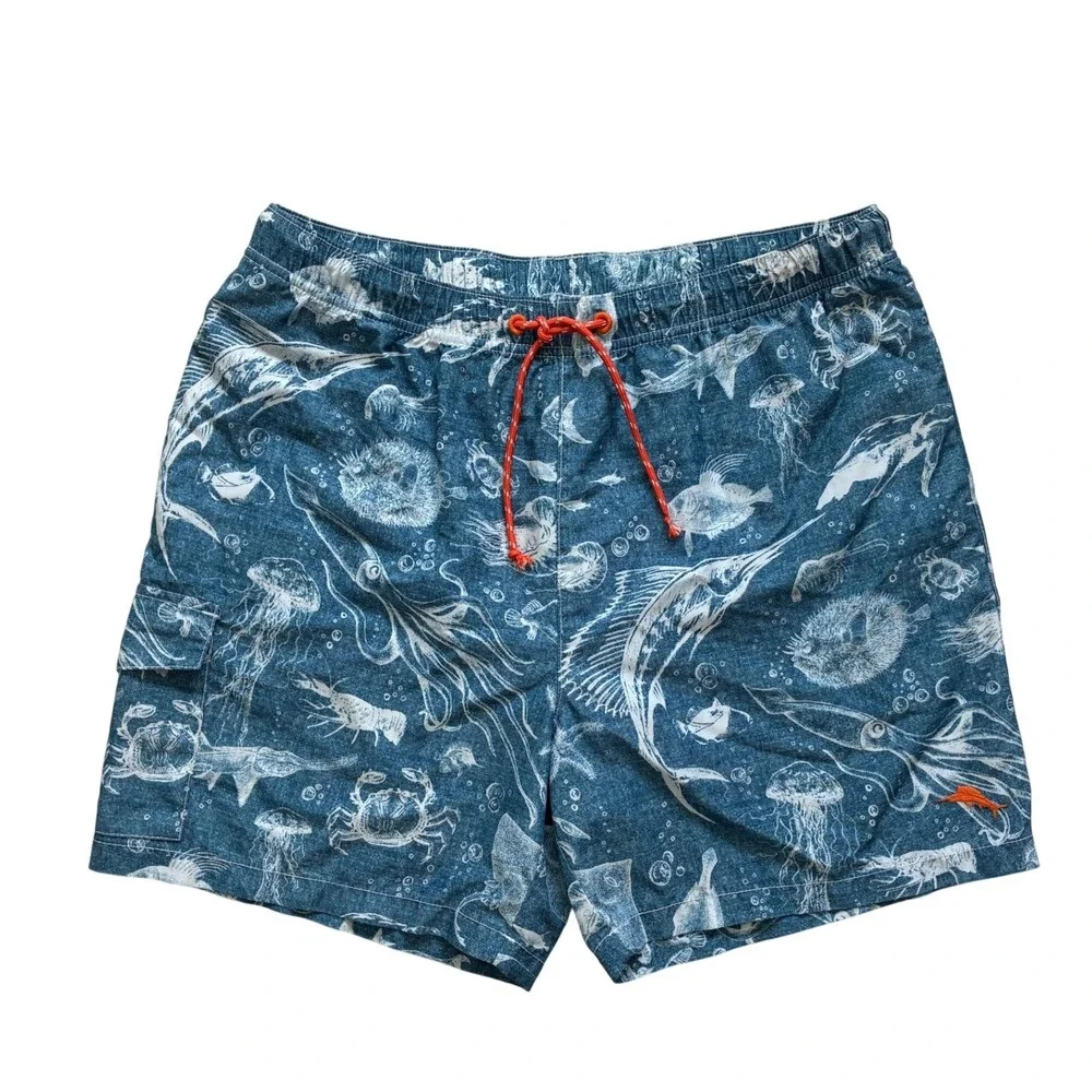 Tommy Bahama Relax Mens Blue Sea Life Marlin Squid Swim Trunks Large